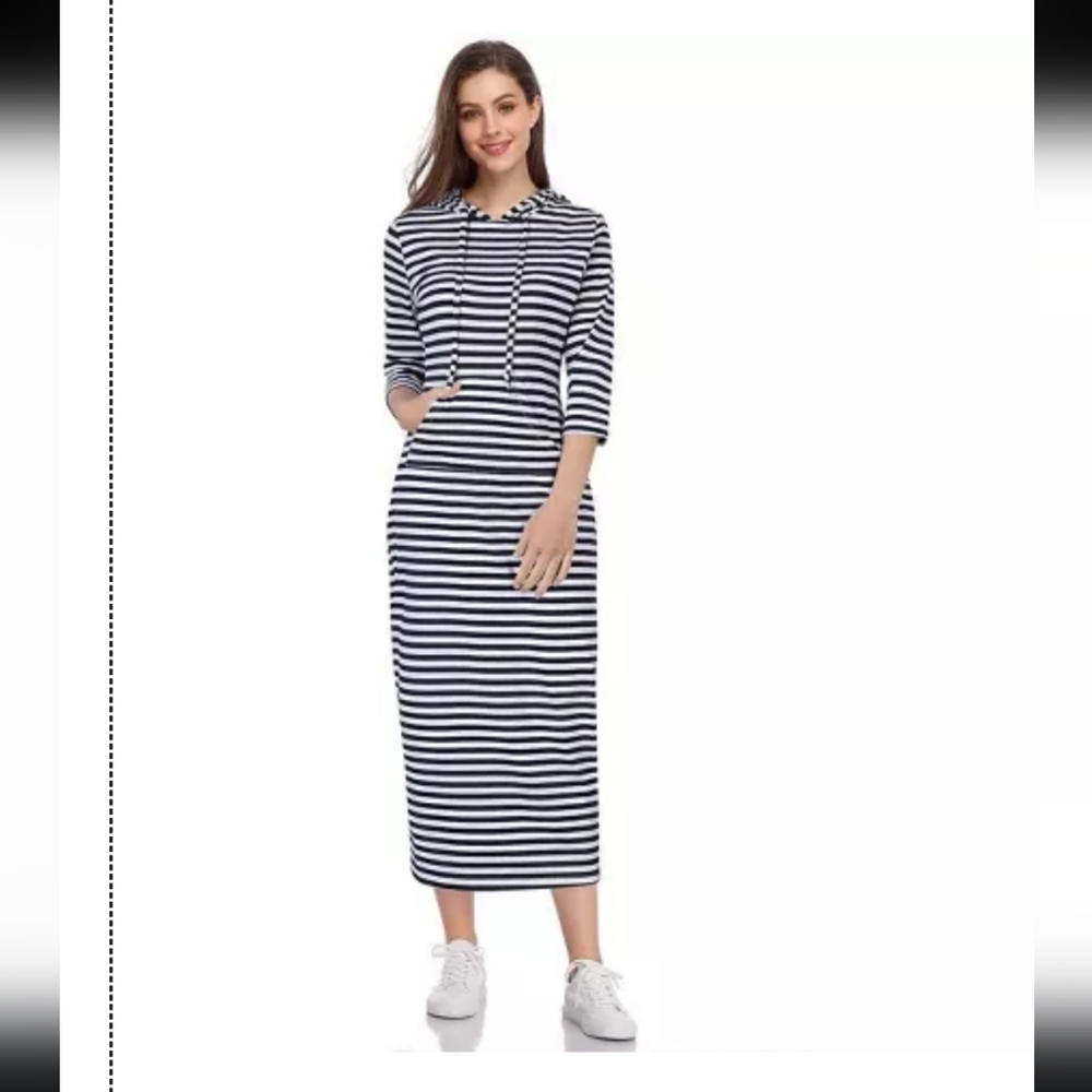 MISSKY Womens Casual 3/4 Sleeve Striped Button Up Slim Pullover Hooded Dress